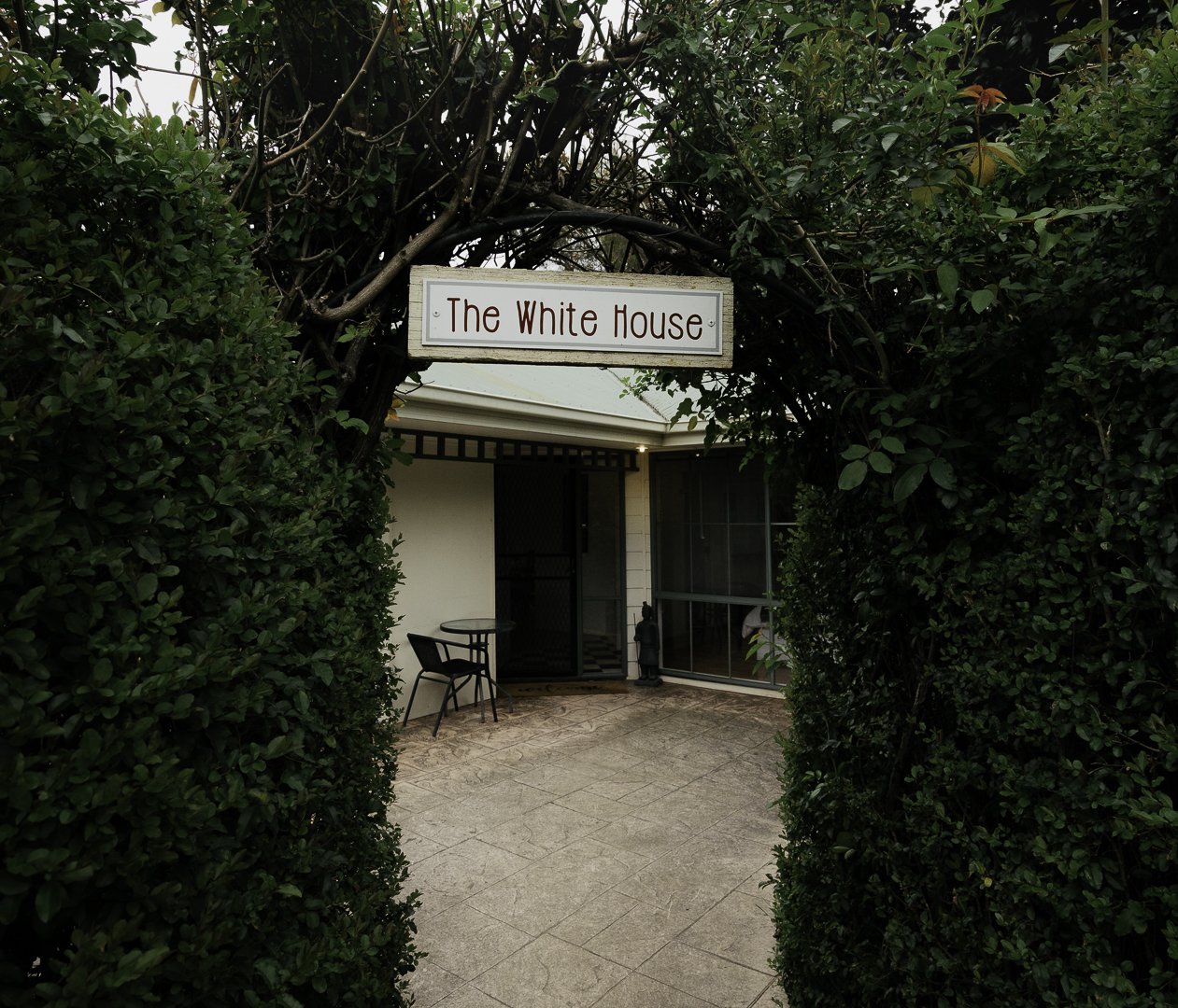 The White House sign through the hedge