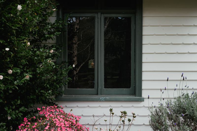 A cottage window above the flowerbeds